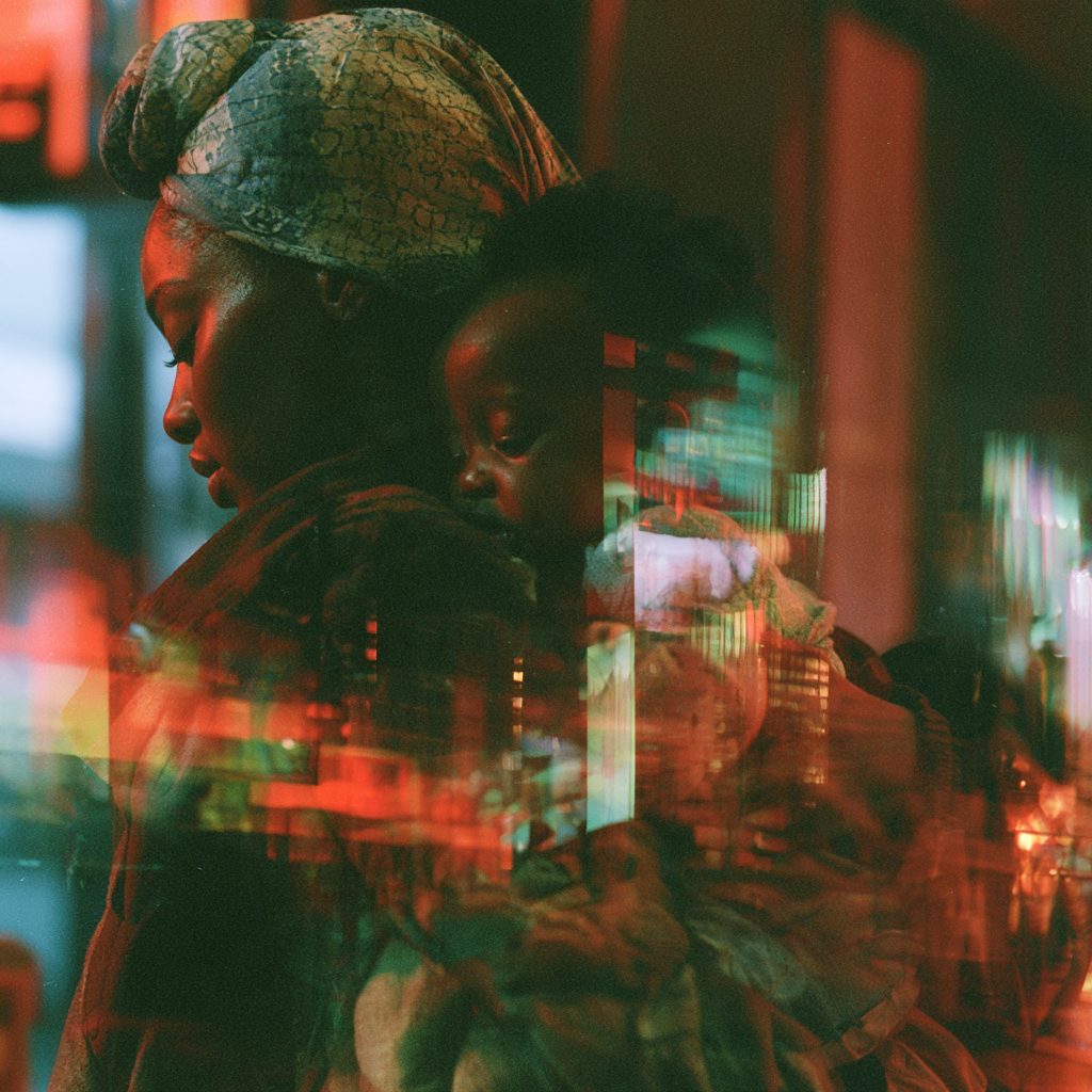 An African mother carrying her child, layered with city lights