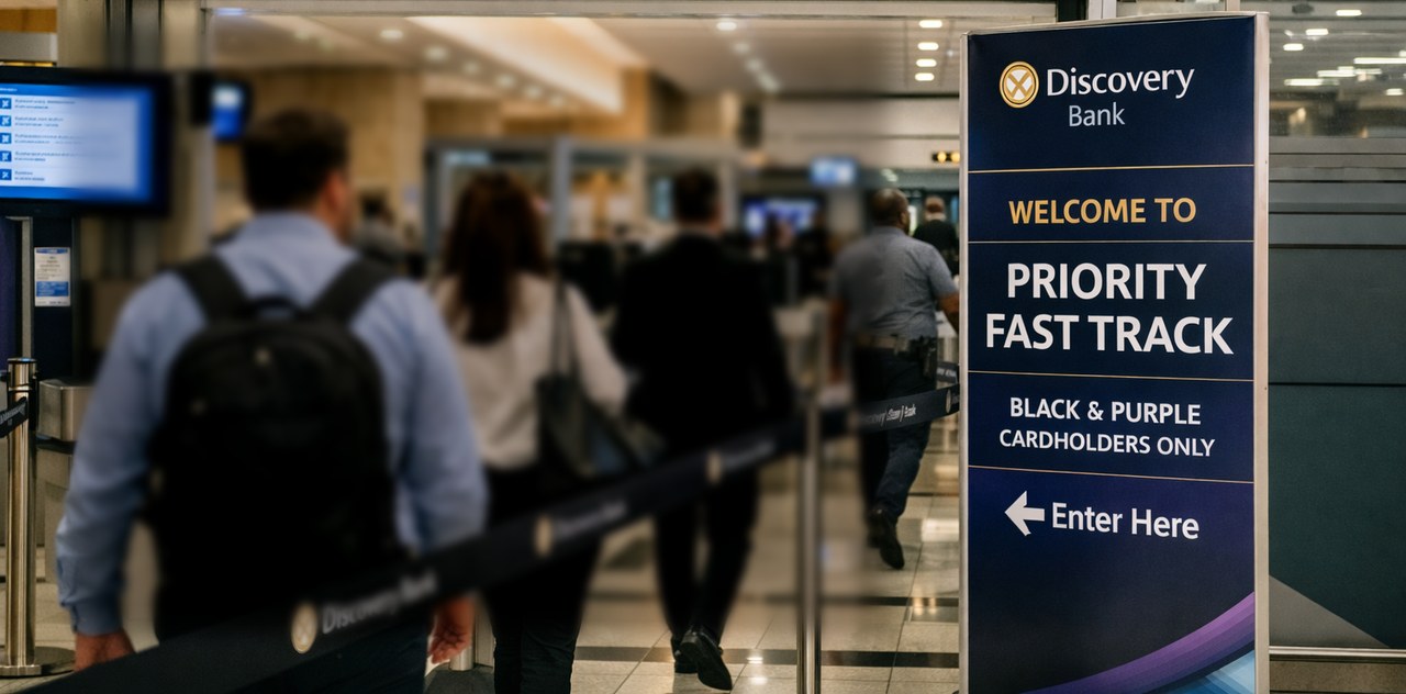 Travellers entering the Discovery Bank Priority Fast Track lane at the airport