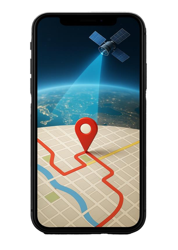 A phone showing a satellite pinpointing a location on a map